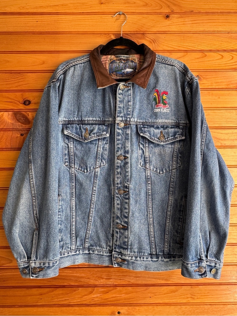 Vintage Kellogg’s Corn Flakes Denim Trucker Jacket Leather Collar XL Americana